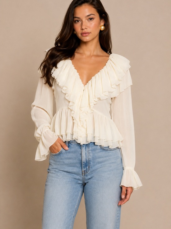 Torn by Ronny Kobo Tops - Torn by Ronny Kobo Ivory Ruffle Blouse – Size Large